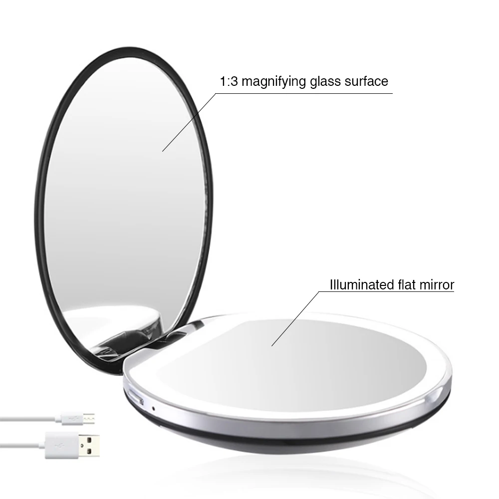 3X Magnifying Foldable LED Light Mini Makeup Mirror Compact Pocket Face Lip Cosmetic Mirror Travel Portable 2