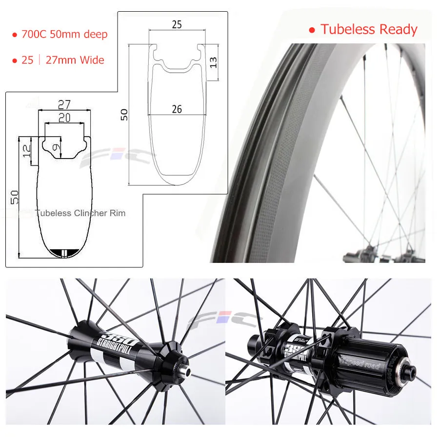 50mm tubeless ready carbon clincher wheel 25mm 27mm wide V brake with DT 350 hub cx ray aero 424 spoke road racing wheelset
