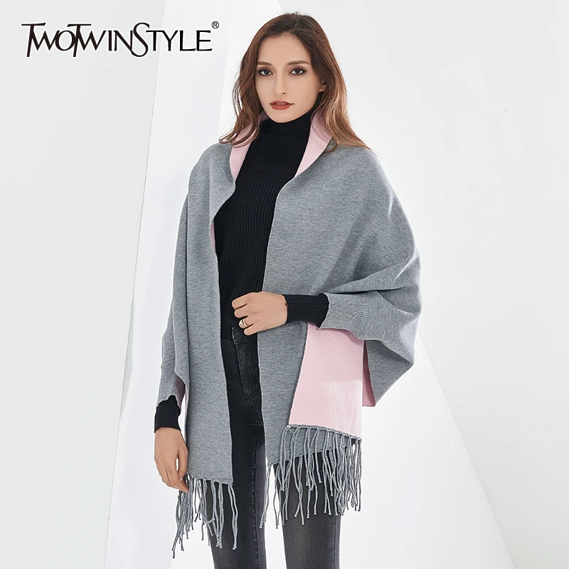 TWOTWINSTYLE Thick Sweater For Women V Neck Lantern Long Sleeve Knitting Cloak Cardigans Hit Color Tassel Sweaters Female 2020 |