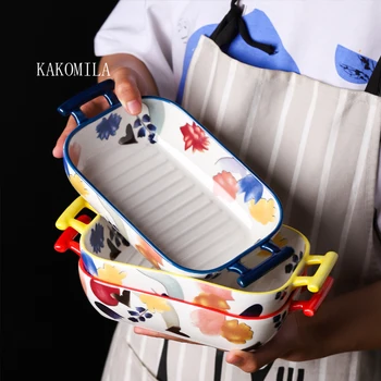 

1PCS Flower Ceramic Binaural Baking Pan Household Cheese Baked Rice Dishes Microwave Oven Bowl Baking Bowl Western Dishes