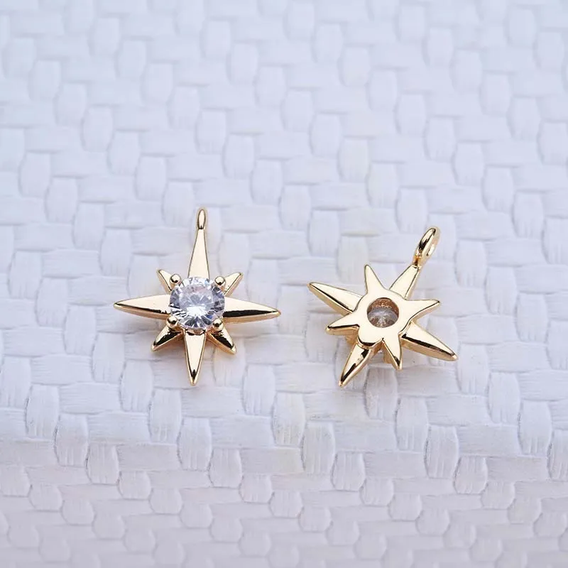 6PCS 11MM 24K Gold Color Plated Brass with Zircon explosion Six-star Charms Pendants High Quality Diy Jewelry Accessories