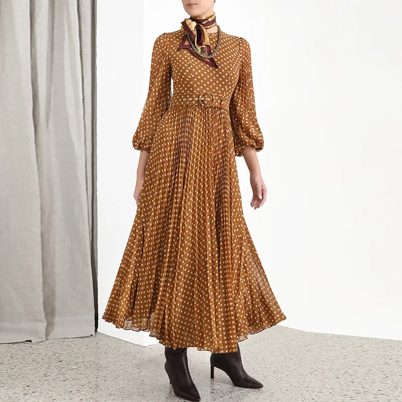Женское Новое винтажное Модное Элегантное плиссированное платье средней длины с круглым вырезом и пышными рукавами в горошек с поясом