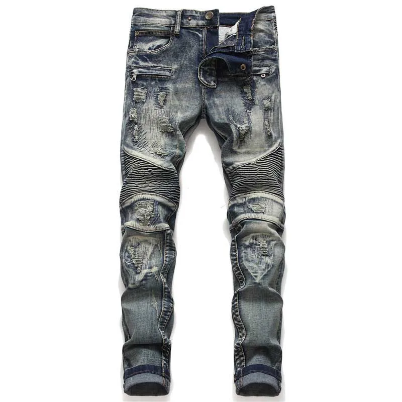 Mcikkny Men Ripped Biker Jeans Pants Straight Patchwork Motorcycle Denim Trousers Male Fashion Designer Size 29-38   (7)
