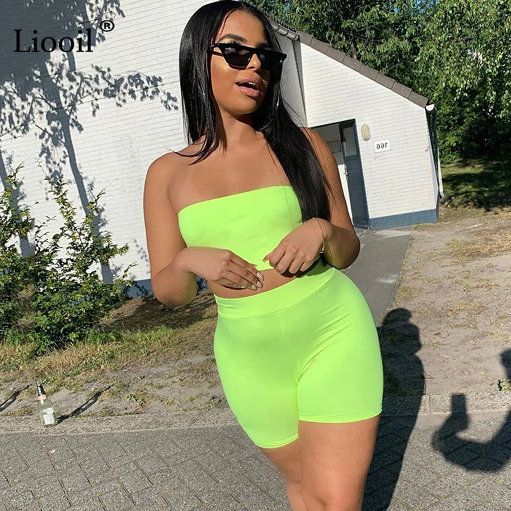 

Liooil Neon Green Outfits Women Tracksuit Two Piece Joggers Sets 2019 Strapless Tank Top And Biker Shorts Sexy Tights Suit Set