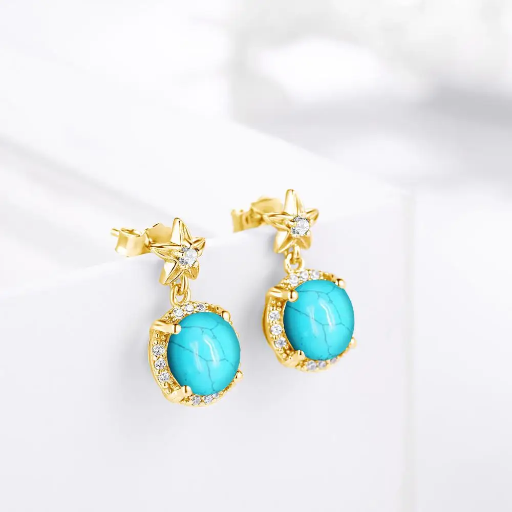 

14k Gold Earrings For Women Small Cute Elegant Drop Earrings Inlaid Zircon Round Turquoise Silver Plated Gold Jewelry Party Gift