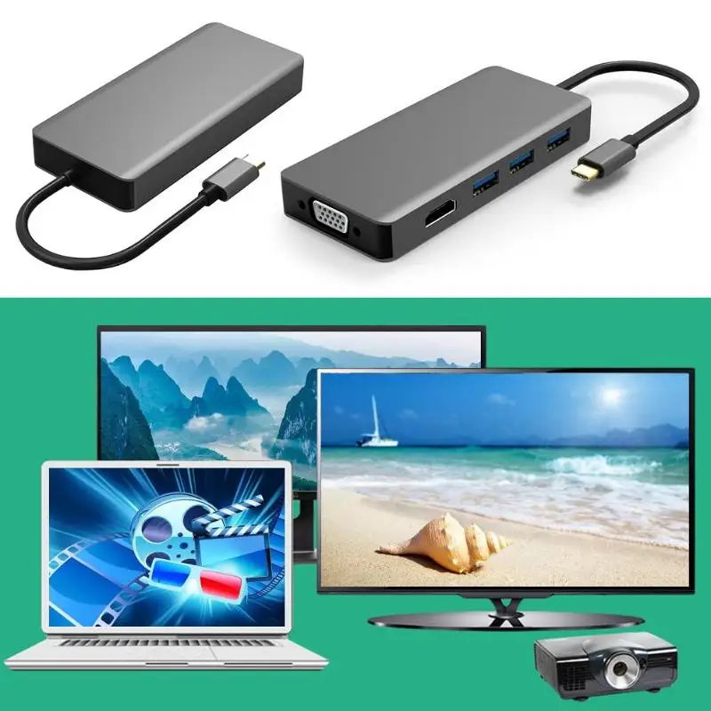 Кабель 3 в 1 Многофункциональный преобразователь TYPE-C к HDMI VGA с 3 USB концентратор док-станция