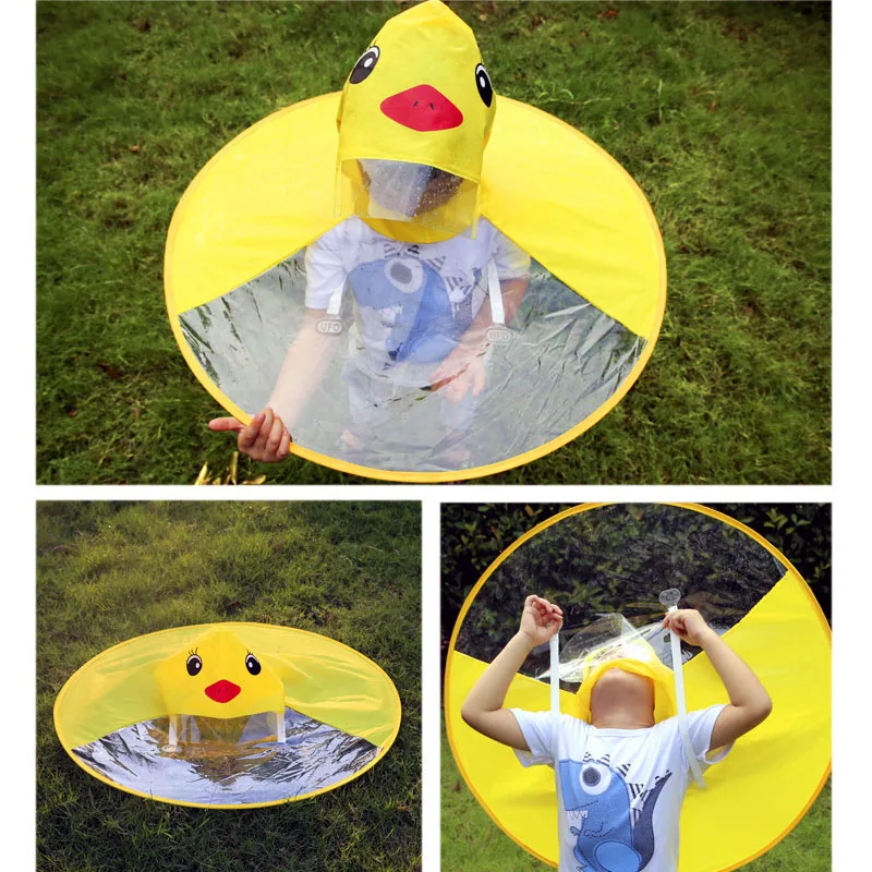 Kids Cute Raincoat UFO Shape Cartoon Duck Hooded Jacket Rainsuit Rain Poncho Hat 