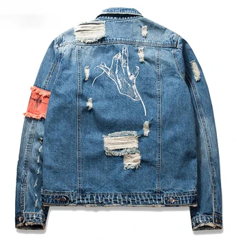 

Front Zipper Destroyed Jeans Flight Jacket Men Ripped Denim Jean Jackets Hip Hop Overcoats Casual Streetwear