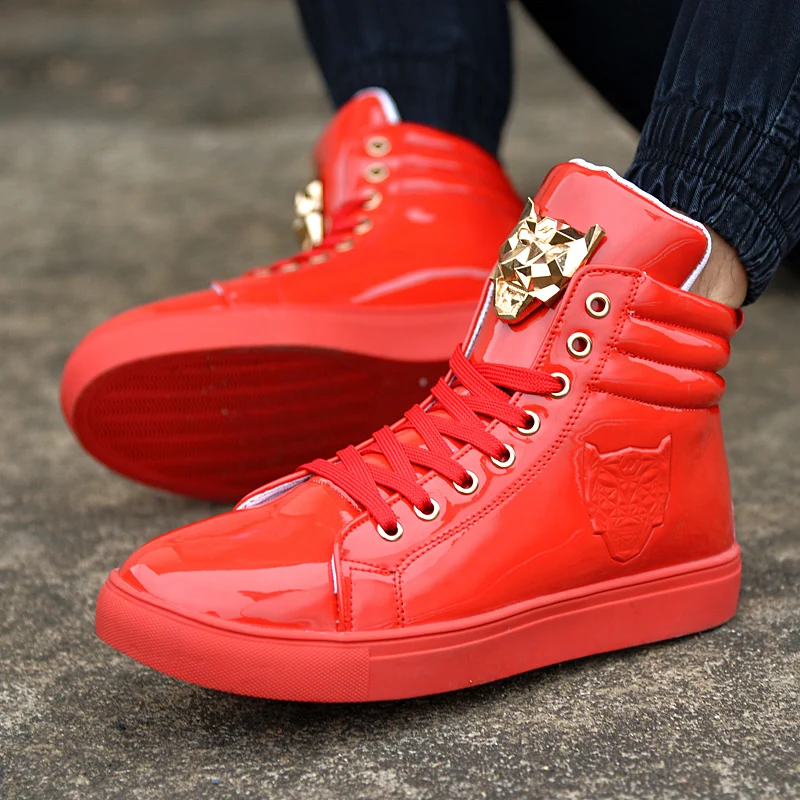 

Cool Men High Top Men Gold Glitter krasovki Sneakers Bling Platform Flats Shoes Man Glossy Vulcanized Leopard head Shoes AC-8
