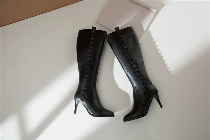 Meotina Winter Knee High Boots Women Natural Genuine Leather Zip Thin Heels Long Boots Rivets Super High Heel Shoes Ladies 34-42