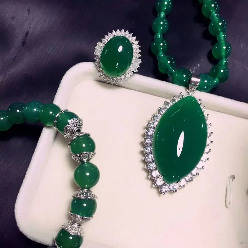 LETSFUN Fine Jewelry 925 Серебро инкрустированные натуральный халцедон кулон ожерелье кольцо браслет набор благородные подарки