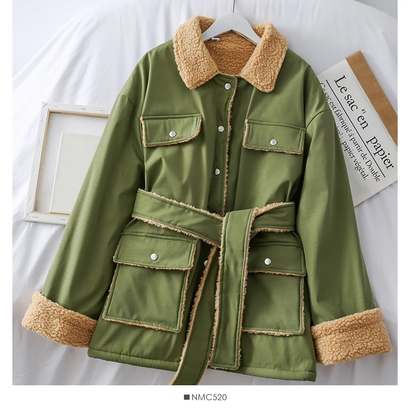 Mooirue Winter Women Lamb Cashmere Jackets With Sashes Patchwork Pockets Vintage Streetwear Koren Style Long Cardigan Coats