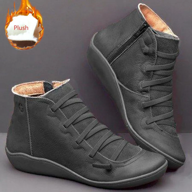 Plush Black Женские кроссовки для бега Женские короткие сапоги с круглым носком; ботинки на низком каблуке сапоги Для женщин модные зимние ботинки со шнуровкой; ботильоны - Цвет: Plush Black