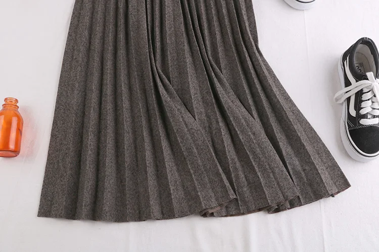 Хаки черный серый гибкий эластичный стрейч высокая талия миди плиссированная линия теплая шерстяная юбка с бантом юбки женские saias