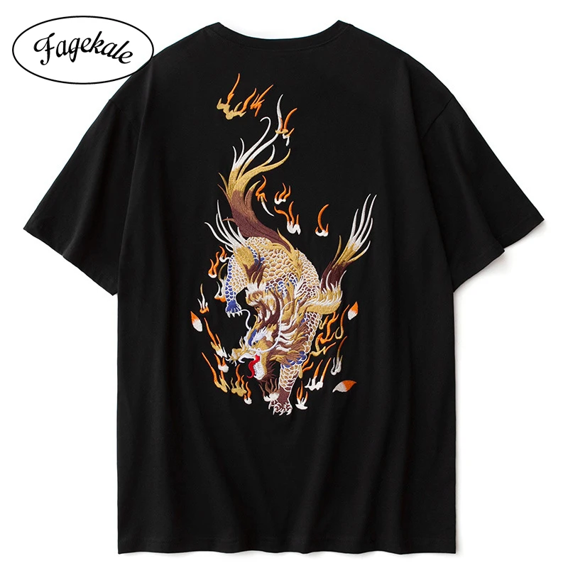 2020 new Chinese style embroidery unicorn pattern national tide loose cotton large size half sleeved short sleeved T shirt men| | - AliExpress