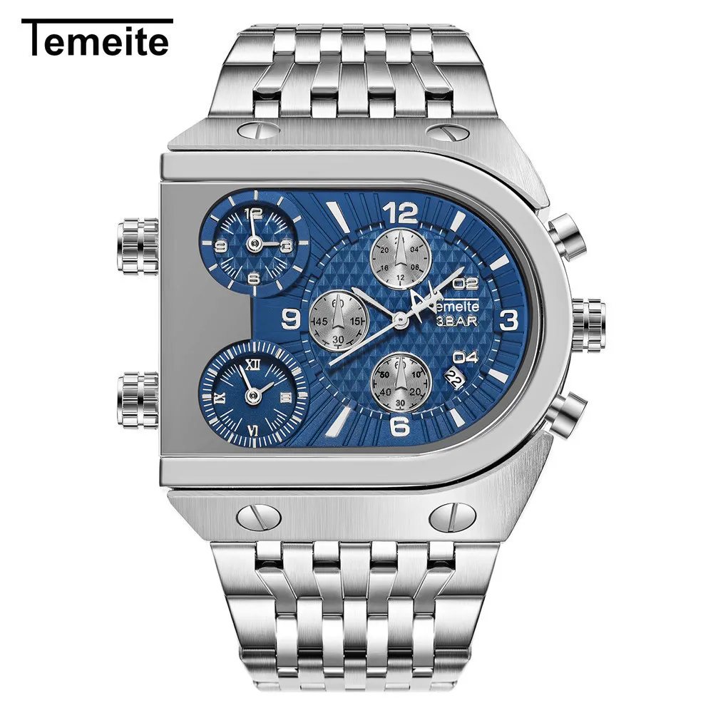 white blue Temeite часы для мужчин Топ бренд Роскошные наручные часы военные часы мужские Многофункциональные Календарь нержавеющая сталь кварцевые часы для мужчин s - Цвет: white blue