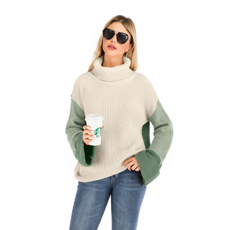 Turtleneck Sweater Woman Casual Winter Knitting Pullovers Long Sleeve Color Block Knitted Solid Jumper Women