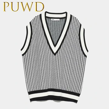 

PUWD 2019 New women's thousand bird pattern knitted vest in autumn and winter Loose leisure