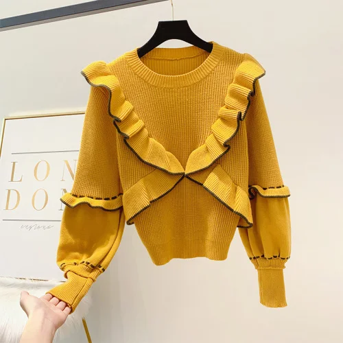 Цвет: желтый Новинка, Зимний короткий свитер контрастного цвета с оборками и рукавами-фонариками, Женский шикарный свитер, верхняя одежда, свитера, женский джемпер, Mujer - Цвет: Цвет: желтый