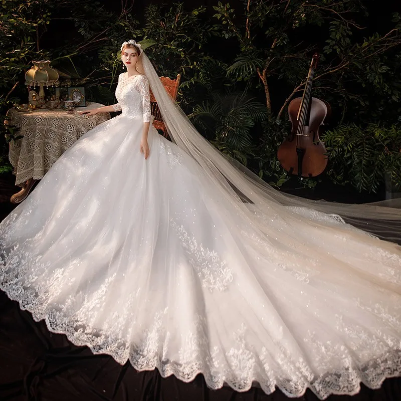 Boat Neck Wedding Gown With Train 2024 Three Quarter Sleeve Lace Up Bridal Ball Gown Robe De Mariee Vestido De Noiva Customized 3