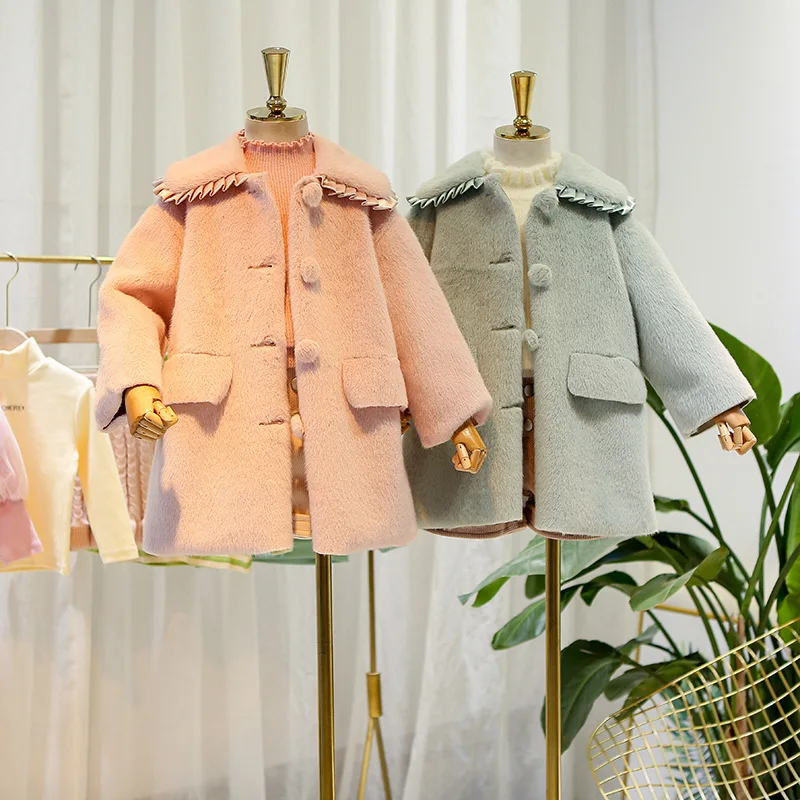 

Girls Faux Mink Cashmere Western Style Coat 2019 New Style Winter Korean-style Children Wool Mid-length Woolen Overcoat