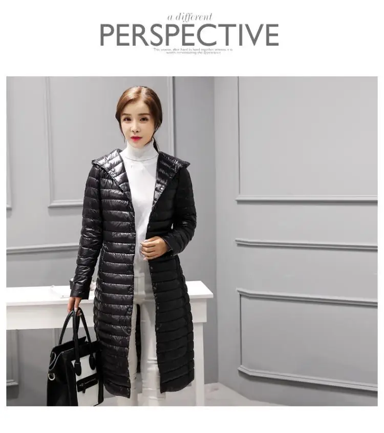 Ozhouzhan Winter New Style Korean-style Lightweight Hooded down Jacket Long WOMEN'S Coat