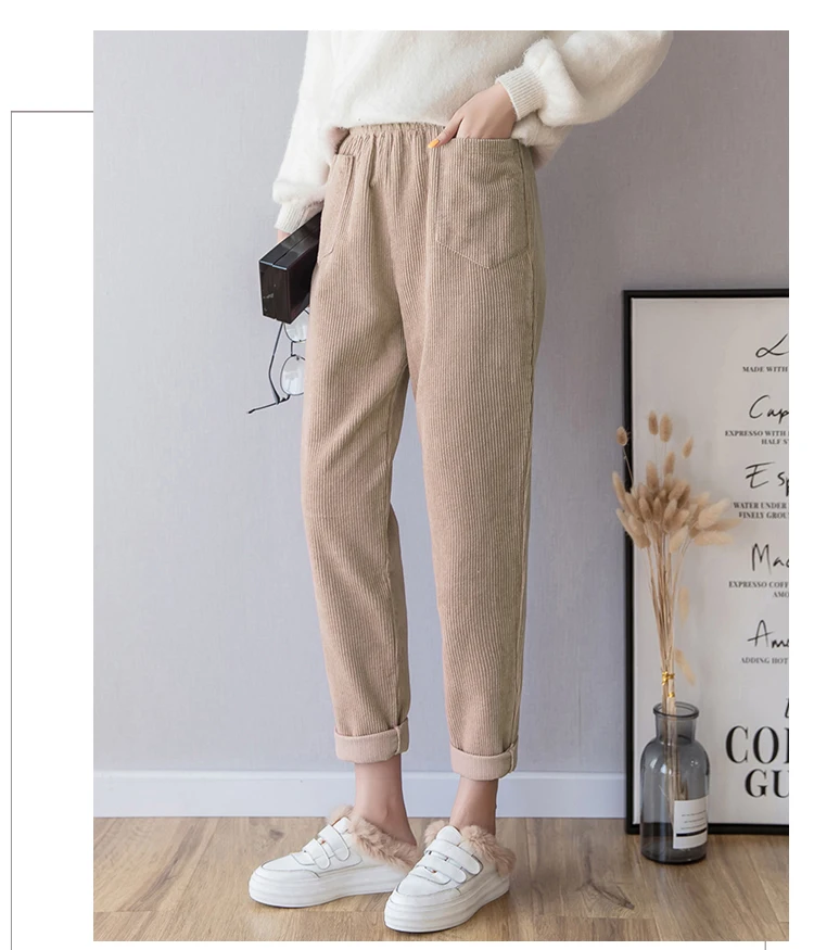 Модные осенне-зимние вельветовые шаровары женские брюки с высокой талией с карманами женская уличная одежда большого размера брюки pantalon