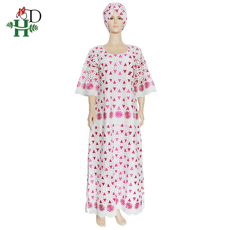 

H&D African Women Plus Size Lace Dresses Ankara Dashiki Maxi Dress Pink Embroidery White Dress Nigerian Head wrap Lady Wedding