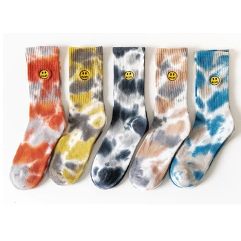 

Trend tie-dye stockings (5-pairs) Tie-dyed embroidery tube socks men and women smiling face street tide cotton socks Deodorant