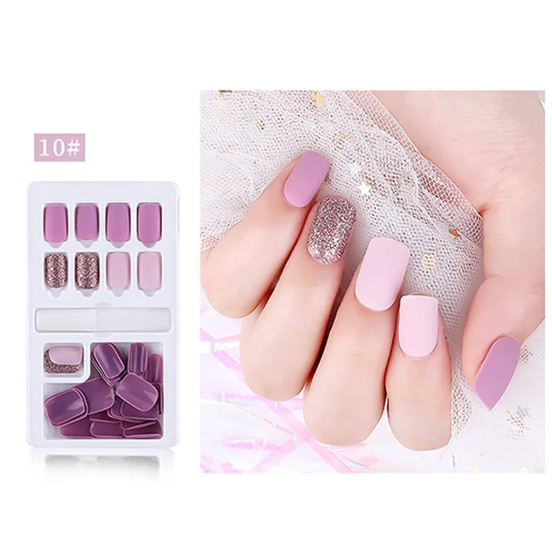 Multicolor Finished DIY Fake Nails with Glue Full Cover Square Patches Removable Repeated Use Of Fake Nail Patches False Nails - Цвет: style10