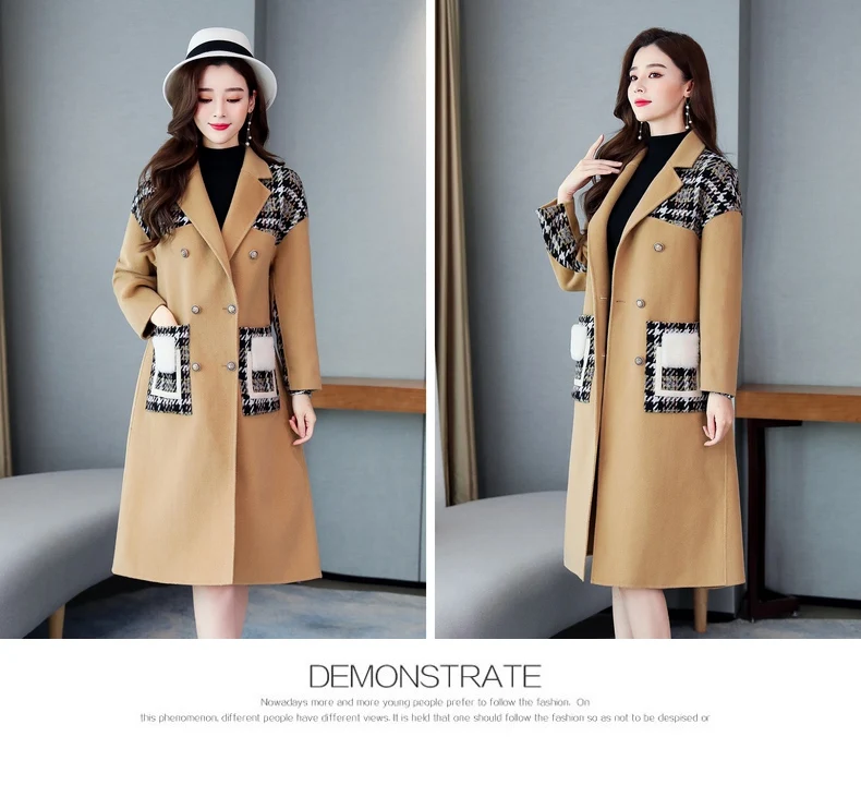 Woman Coat Autumn Winter Fashion Cashmere Coat Splice Double-breasted Wool Coat Women Long Windbreaker Jacket manteau femme