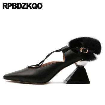 

size 33 genuine leather 2019 high heels square toe block designer korean pumps 3 inch luxury brand shoes women black thick 4 34