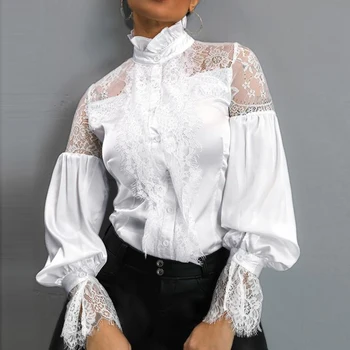 

ZANZEA Fashion Women Turtleneck Puff Sleeve Lace Mesh Blouse Female Hollow Out Tops OL Blusas Femininas Pacthwork Ruffles Shirt7