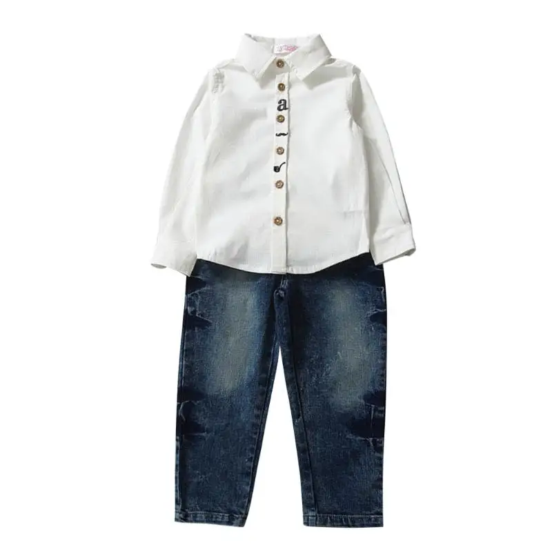  Kids Children Boys Long Sleeve Cotton Shirt Tops Jeans Pants Clothes Outfit