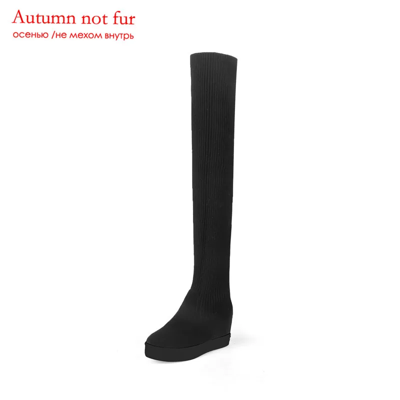 black1 not fur MEMUNIA/три способа носки; женские ботинки на танкетке; однотонные Женские Сапоги выше колена с круглым носком; Цвет Черный; повседневные женские ботинки - Цвет: black1 not fur