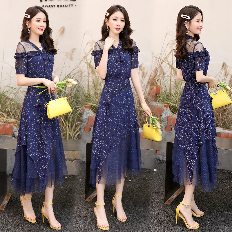 

Set/Suit Skirt 2019 Summer Fashion Elegant Elegant Slim Fit Retro Polka Dot V-neck Irregular Dress Outfit