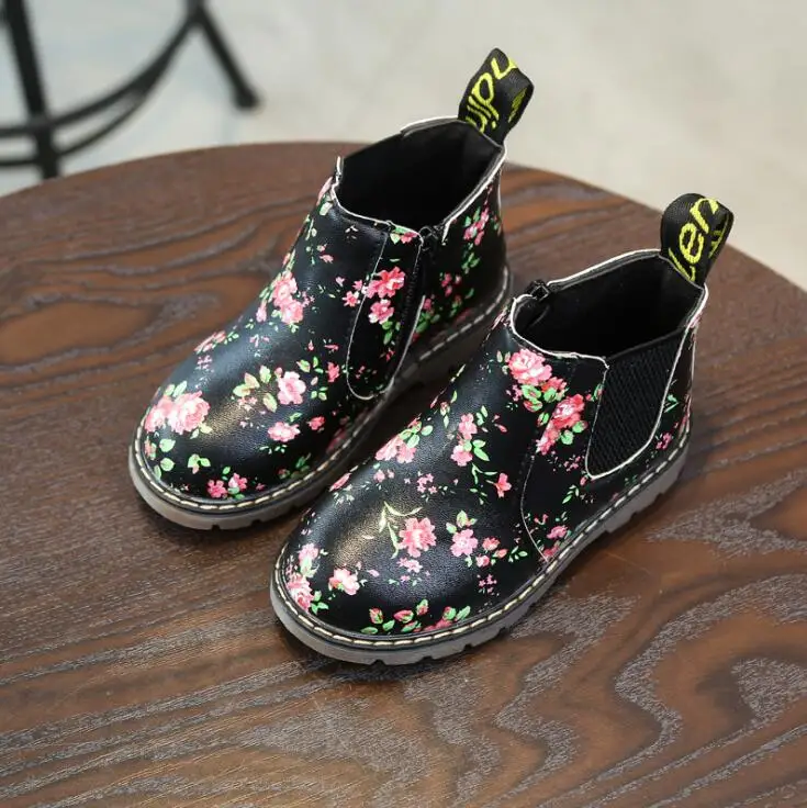 black flower spring Русские детские модные ботинки; зимние шерстяные ботинки «Челси» для девочек-подростков; зимние ботинки на молнии для больших мальчиков; кроссовки из искусственной кожи для маленьких детей - Цвет: black flower spring
