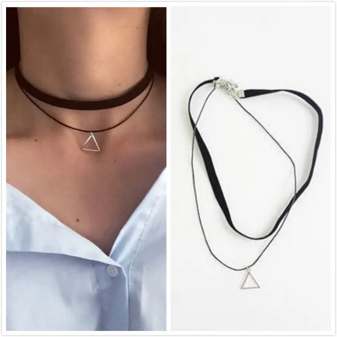 

Gorgeous Minimalist Style Retro Geometry Triangular Pendant Cool Simple Double Layer Black Lanyard Collar Neck Ring Necklace Cho