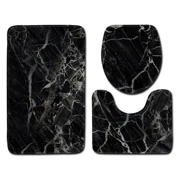 

Toilet 3-Piece Set Black Marble Bathroom Mat Sets Non Slip Bath Mat Pedestal Mat Toilet Seat Cover Mat Sets