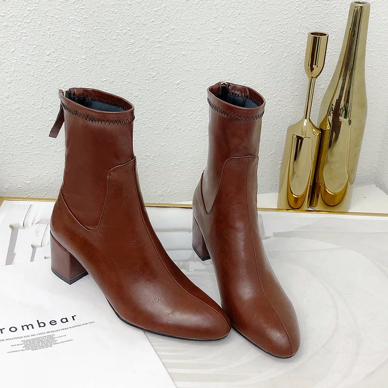 2021 Women Boots Flock Ankle Round Toe Winter Ladies Party Western Stretch Fabric Big Size 33-43 | Обувь