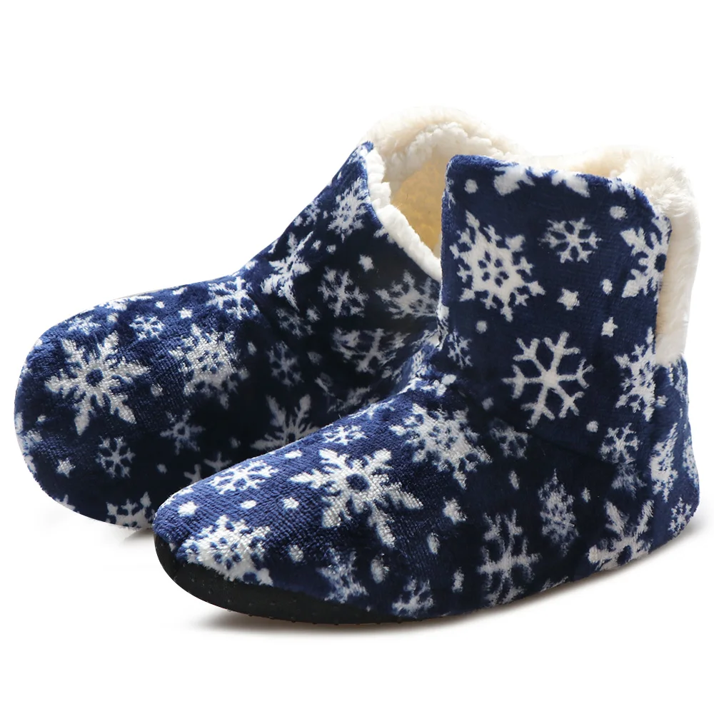 Меховые тапочки из искусственного материала; женская зимняя обувь; женские домашние тапочки; рождественские домашние носки; женские зимние тапочки с принтом - Цвет: Blue Slipper Bootie