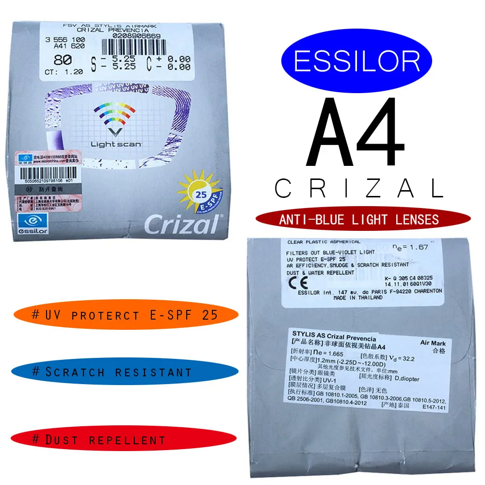 1.74 Essilor CRIZAL A4 Anti-blue light lenses UV proterct E-SPF 25 Scratch resistant and Dust repellent 1.67 lenses with Fog ID