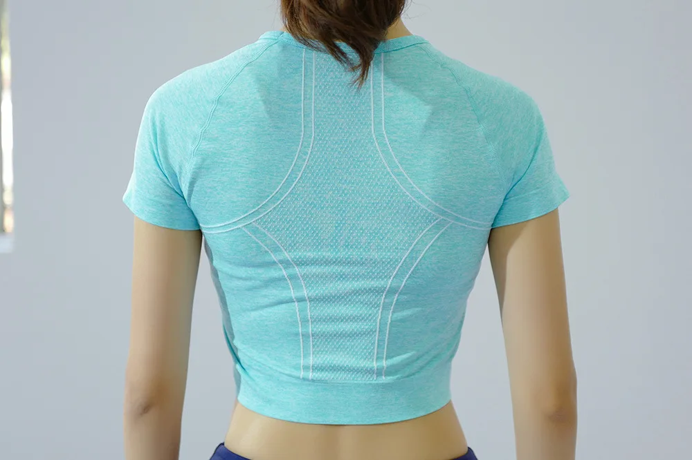 Женская одежда для фитнеса быстросохнущая жаккардовая бесшовная одежда для фитнеса с короткими рукавами открытые пупочные рукава