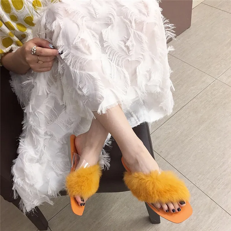 

Fashion 2019 Summer New Style Square Head Soft-Sole Fashion Flat Line-styled Transparent Fur Slipper Women
