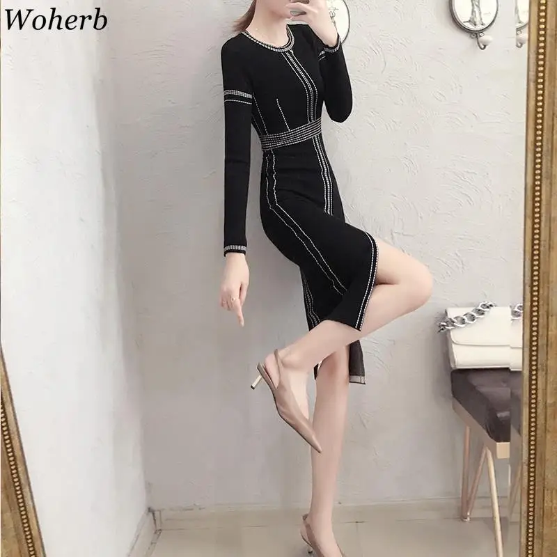 Woherb сексуальное платье-свитер для женщин с круглым вырезом и длинным рукавом, облегающие вязаные платья, корейская мода, новые женские платья, 90841