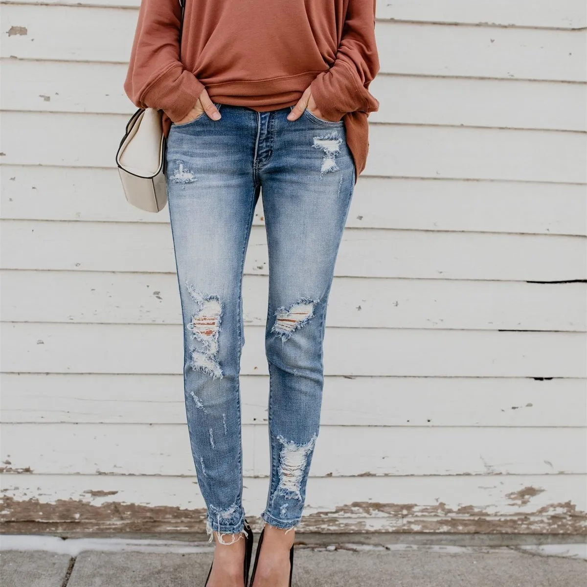 Sexy Spring New Hole High Waist Jeans Women Vintage Elastic Pockets Tassel Denim Pants Female Casual Pencil Trousers