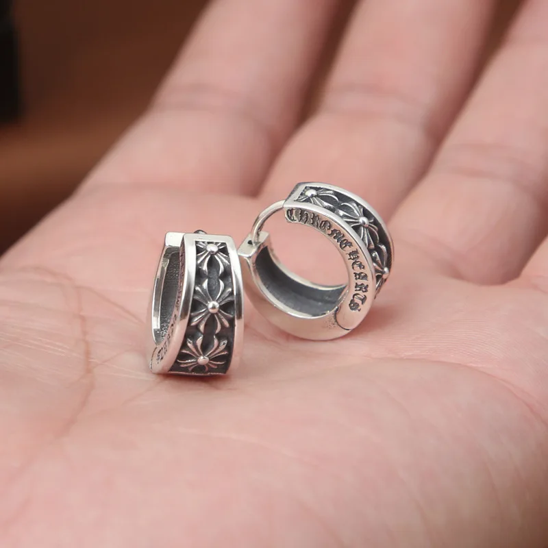 

Korean-style S925 Fine Silver Accessories Star Celebrity Style Silver Retro Thai Silver Ear Stud CH Cross Circular Ring