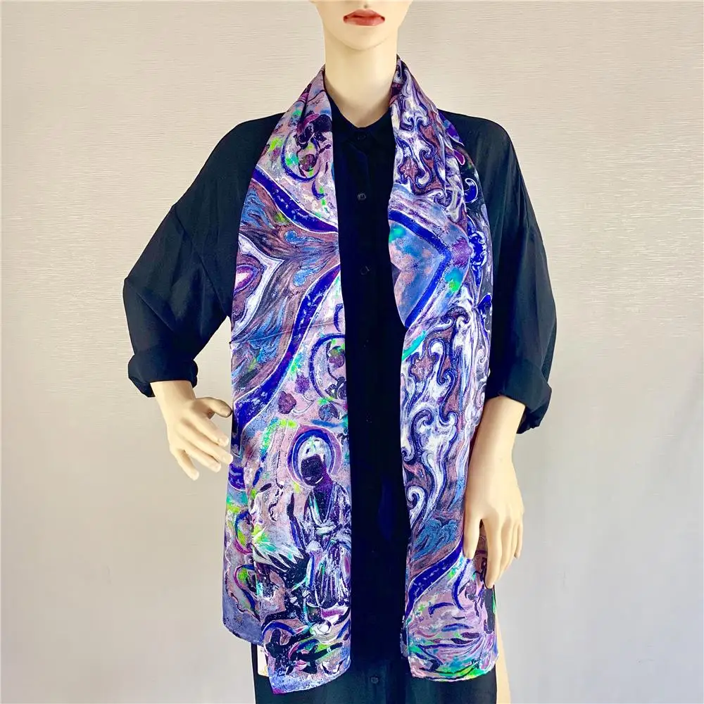 

DUNZHIYUN Dunhuang Culture Silk Drape Women's Scarf Purple Character Print Silk Road Luxury Female Shawl Costume Accessories