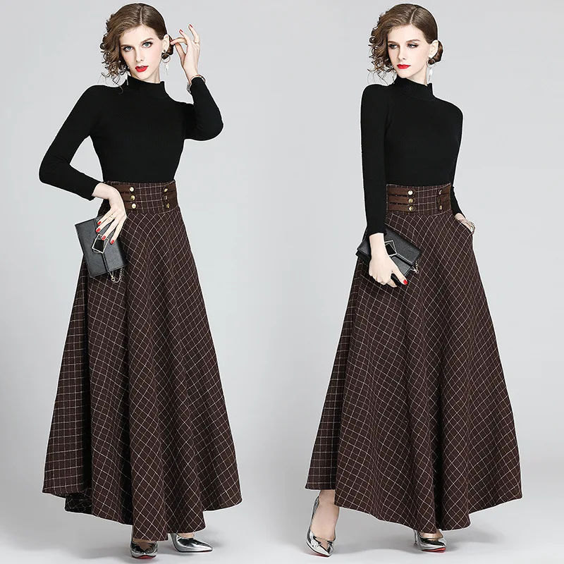 

New Style Big Hemline And to Ankle High-waisted Plaid Long Bandage Cloth Longuette + Knit Low Waist Jersey Leisure Suit