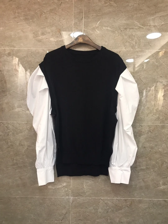 

2019 Early autumn new women's round collar sleeve color matching stitching knitted long-sleeved jacket 731